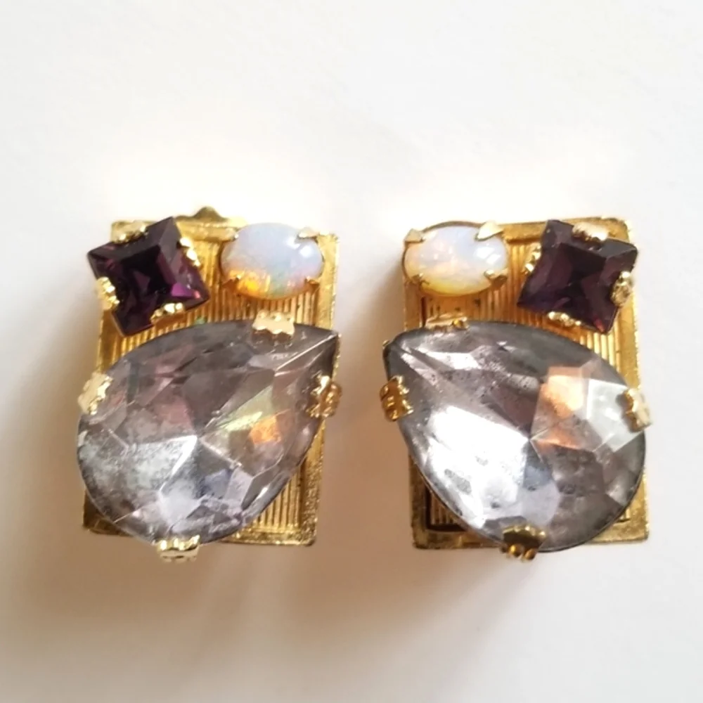 Vintage earrings rhinestone clip on faux opal gold tone rectangular chunky